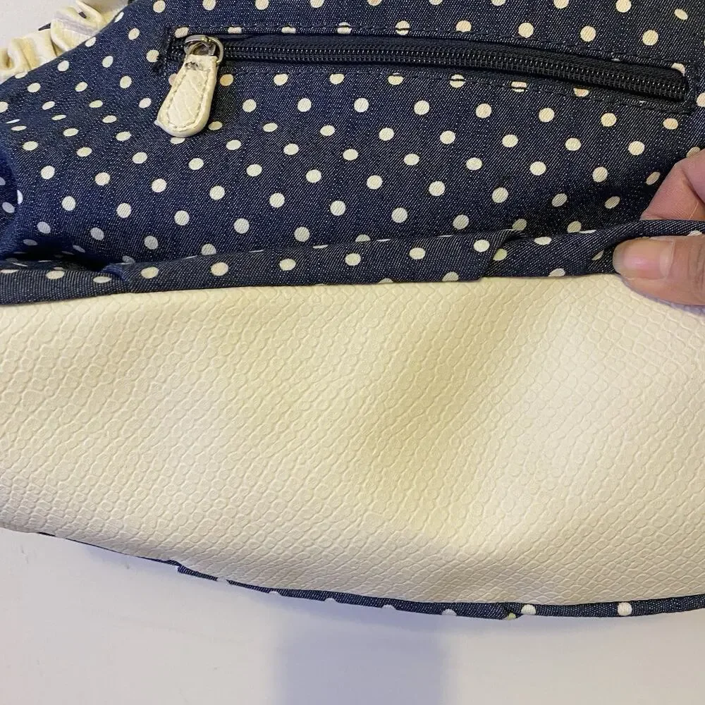 Elle Purse Shoulder Bag Hobo Bohemian NavyBlue Polka Dots White FauxLeather Y2K - Picture 6 of 7
